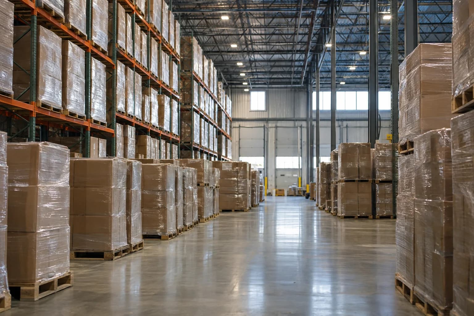 Shrink-wrapped pallets of cardboard boxes line a wide aisle in a large warehouse, with tall pallet racking on the left and dock doors at the far end.