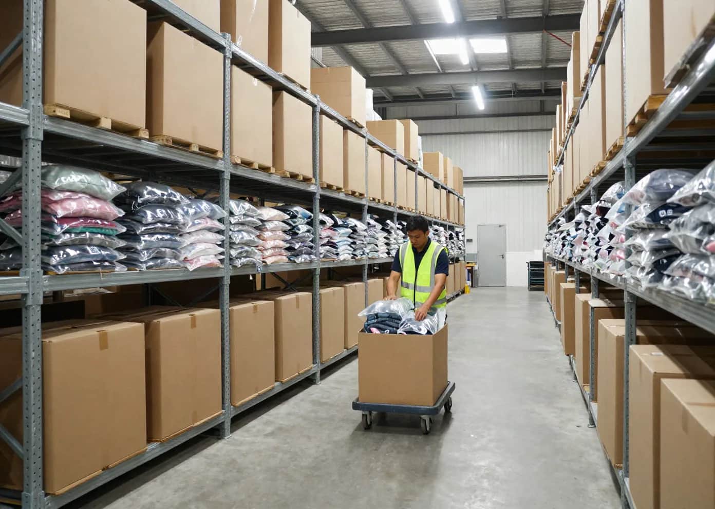 A warehouse worker picking polybagged garments into a carton in a wide racking aisle of an apparel distribution warehouse