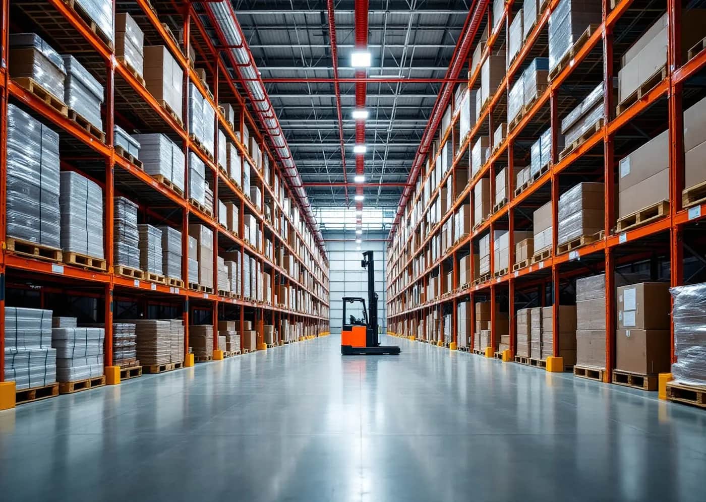 Reach truck lifting a banded pallet of construction material high into tall warehouse racking