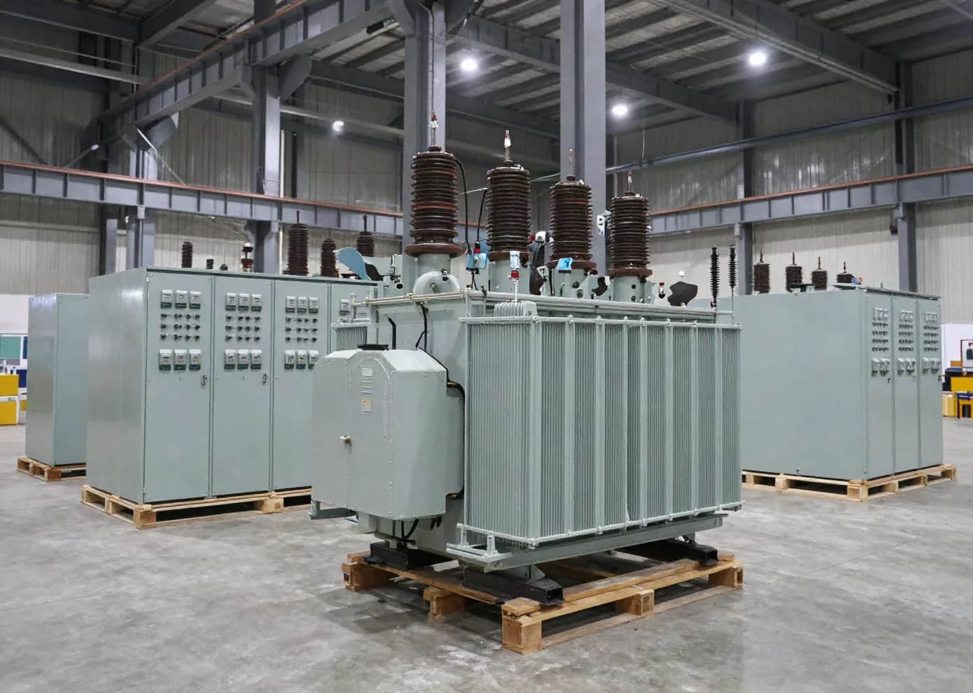 Power transformers and switchgear cabinets crated on wooden skids on a warehouse floor under high steel roof framing