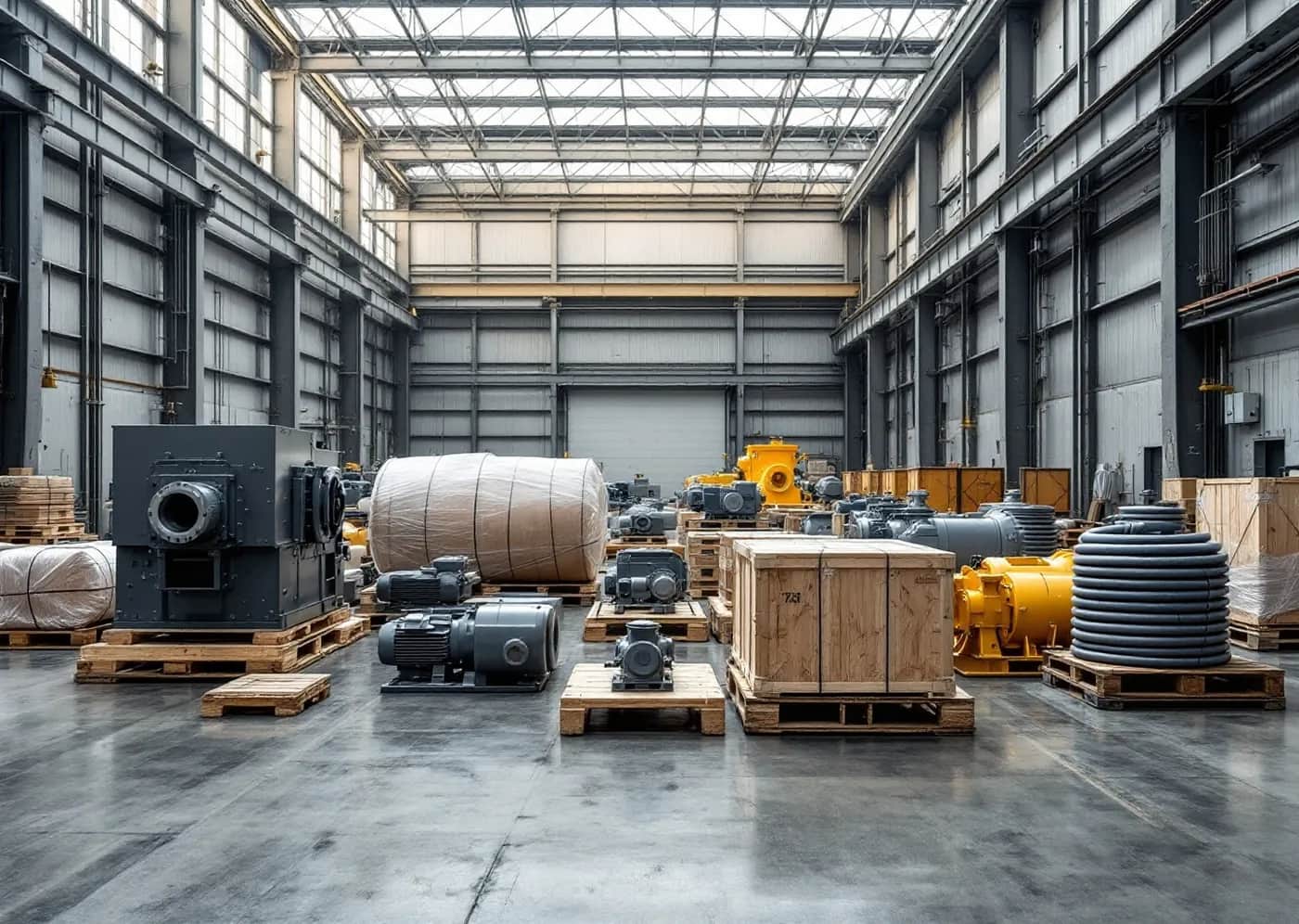 Crated industrial machinery and equipment components stored on a wide-bay warehouse floor