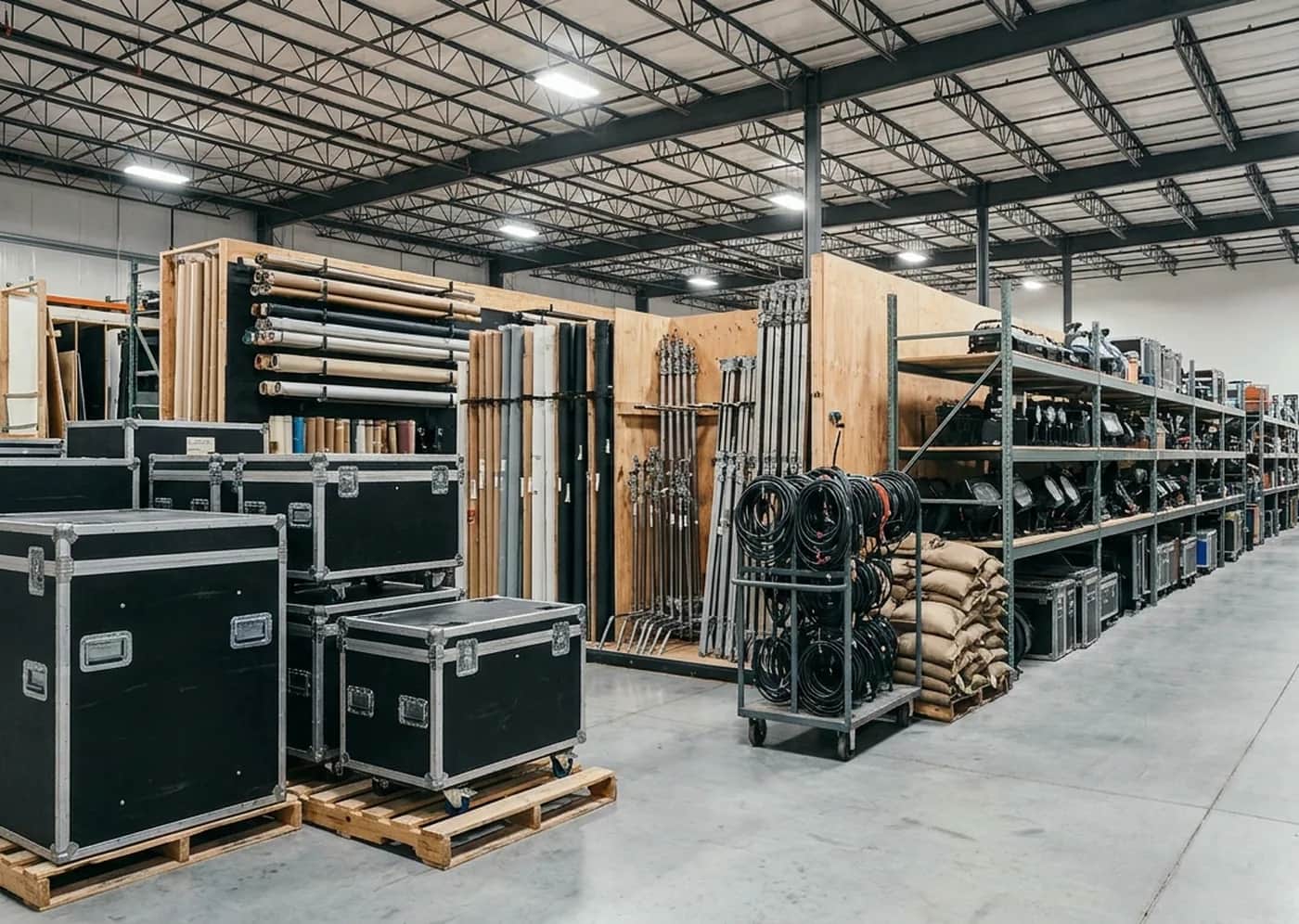 Film production equipment in warehouse storage: black road cases on wooden pallets, rolled backdrops and flats racked upright, c-stands bundled, coiled cable on a cart and lighting fixtures on shelving under a high steel-joist ceiling