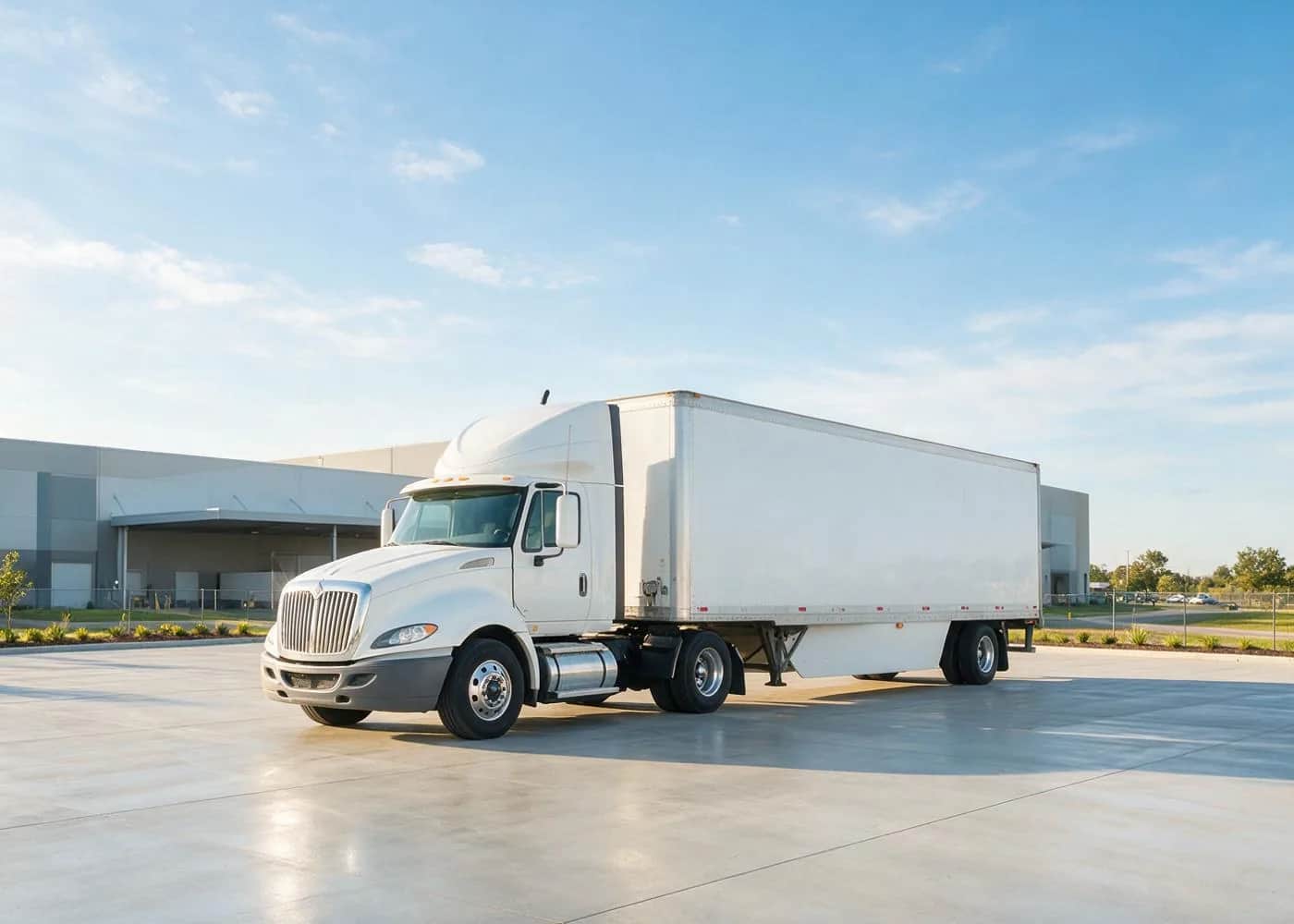 White semi truck with dry van trailer outside a modern warehouse