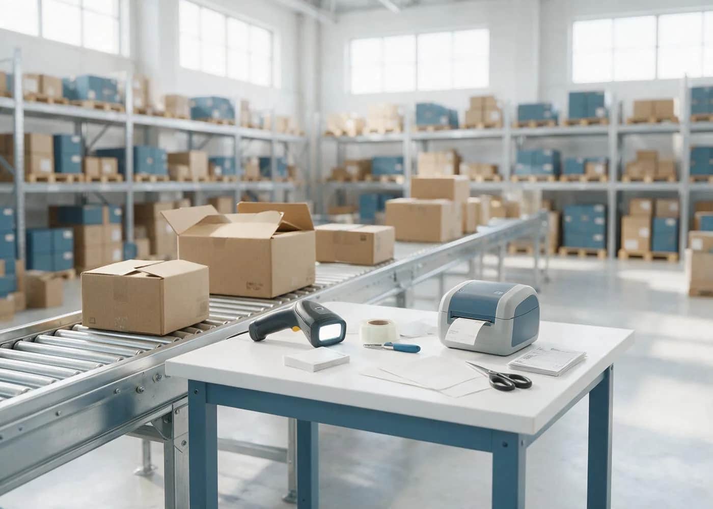 Packing station with cartons on a roller conveyor in a bright warehouse
